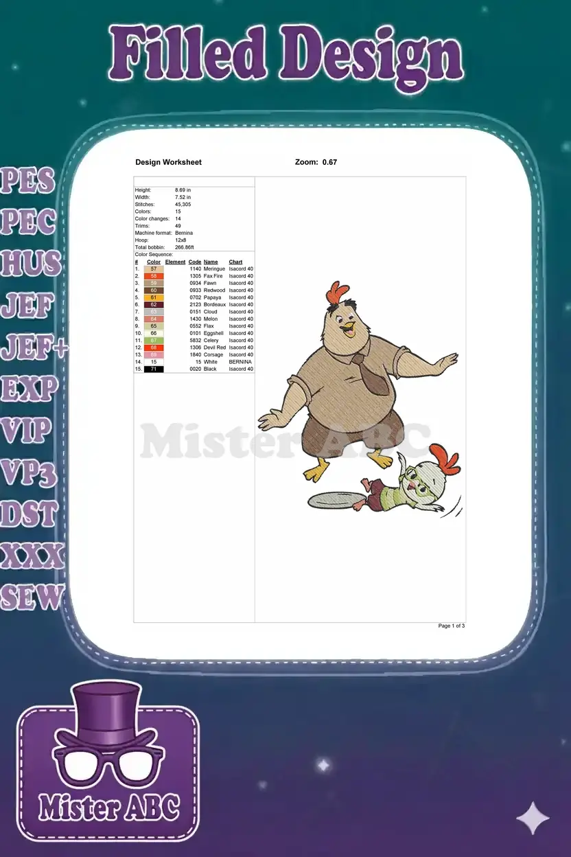 Embroidery design worksheet showing dimensions, stitch count, color sequence, and machine compatibility details.