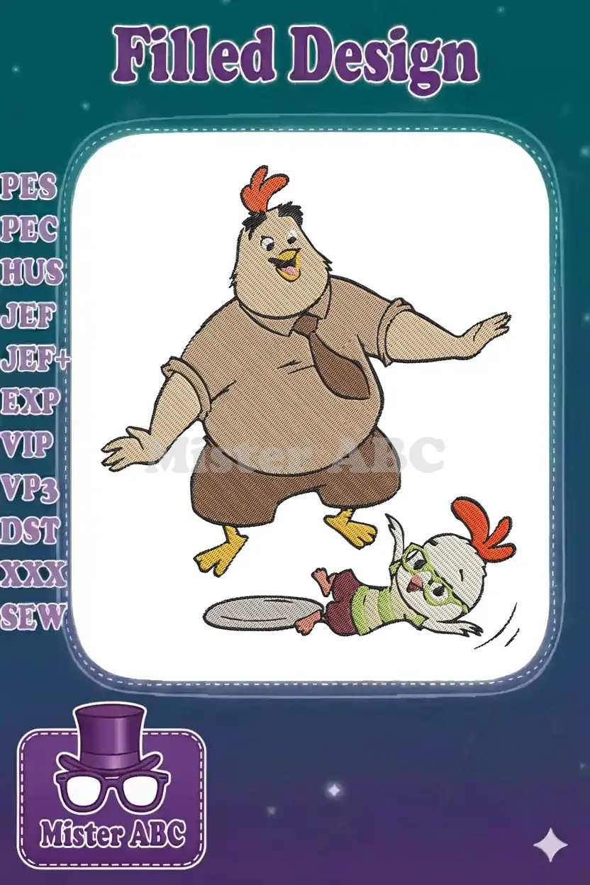 Vibrant embroidery design featuring Buck Cluck dancing and Chicken Little on the ground, from Disney's classic film.