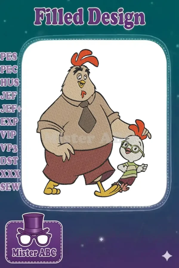 Vibrant embroidery design featuring Disney's Chicken Little and his father, Buck Cluck, in a cheerful, dynamic pose.