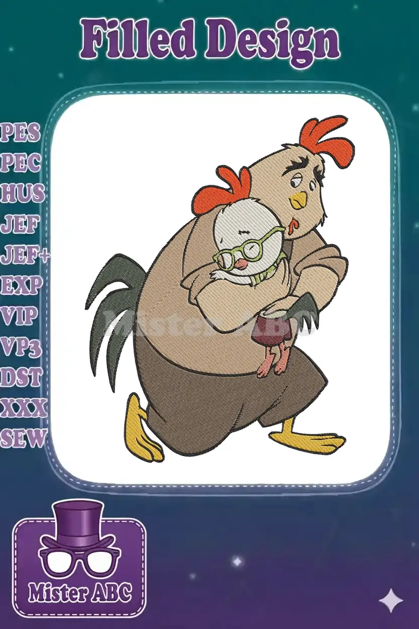 Detailed embroidery design of Chicken Little, wearing glasses, being protectively held by his father, Buck Cluck.