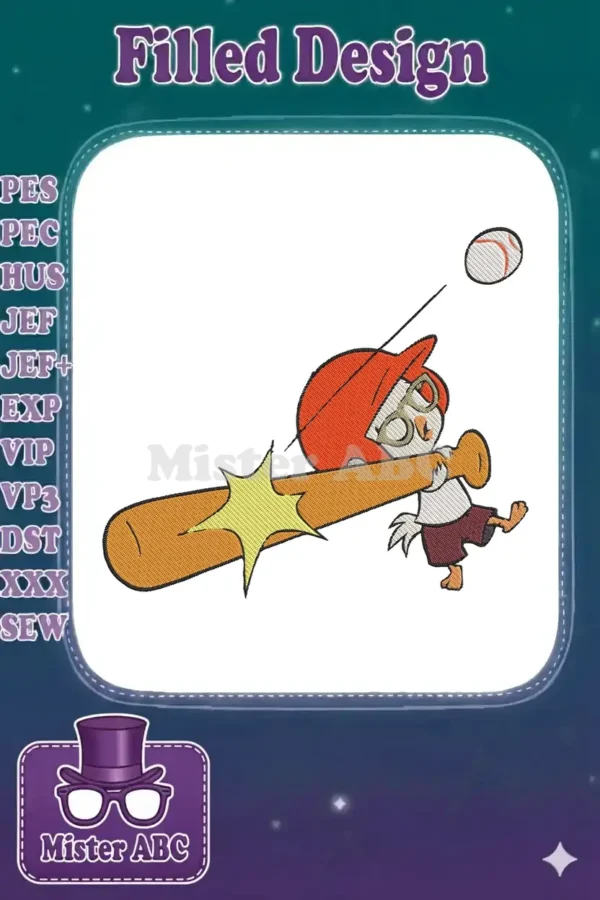 Vibrant cartoon chicken in a red cap swinging a baseball bat, creating a dynamic, playful sports embroidery design.