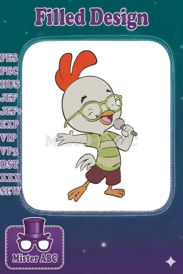 A detailed embroidery design of Chicken Little singing into a microphone, wearing green glasses, on a white background.