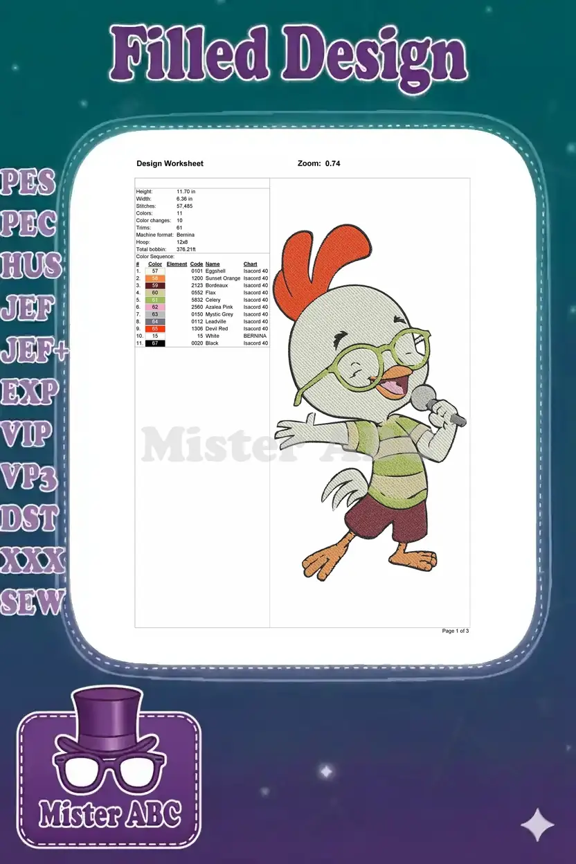 An embroidery design worksheet detailing stitch count, colors, dimensions, and machine format for Chicken Little.