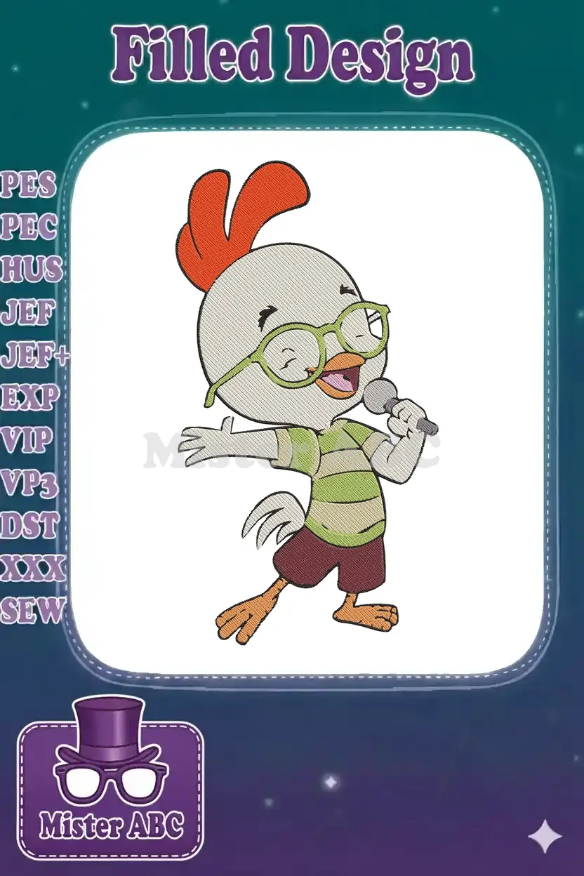 A detailed embroidery design of Chicken Little singing into a microphone, wearing green glasses, on a white background.