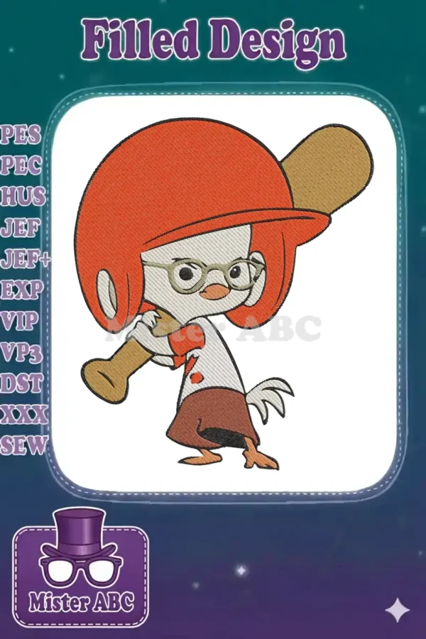 Detailed embroidery design of Chicken Little as a baseball player, wearing a helmet and holding a bat.