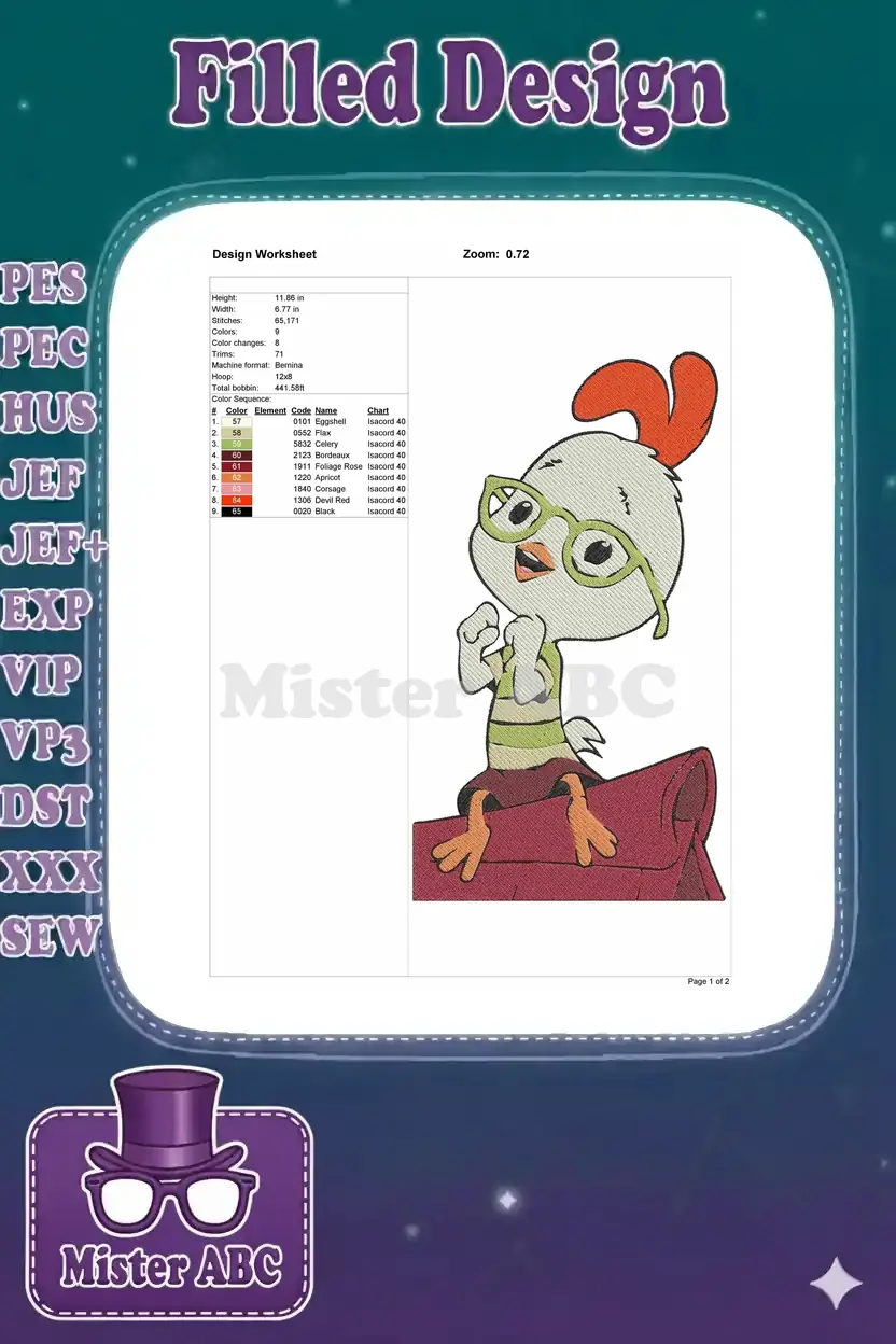 Embroidery design worksheet for Chicken Little, detailing dimensions, stitch count, color sequence, and thread codes.