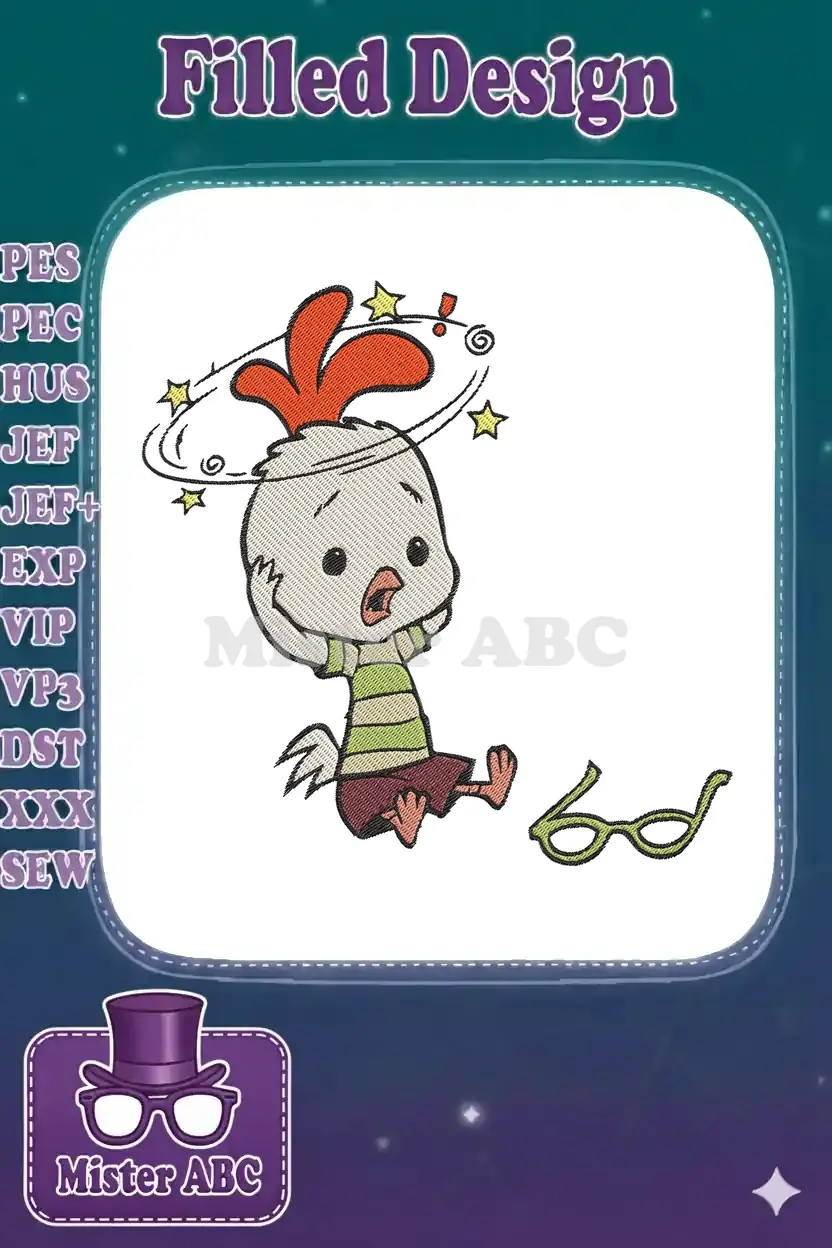 Chicken Little, eyes wide and mouth open, looking dizzy with swirling stars and dropped green glasses.