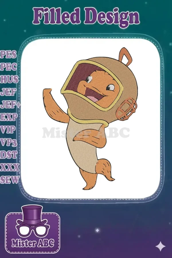 A cheerful orange Goldfish cracker mascot wearing an old-fashioned brown diving helmet, rendered as an embroidery design.