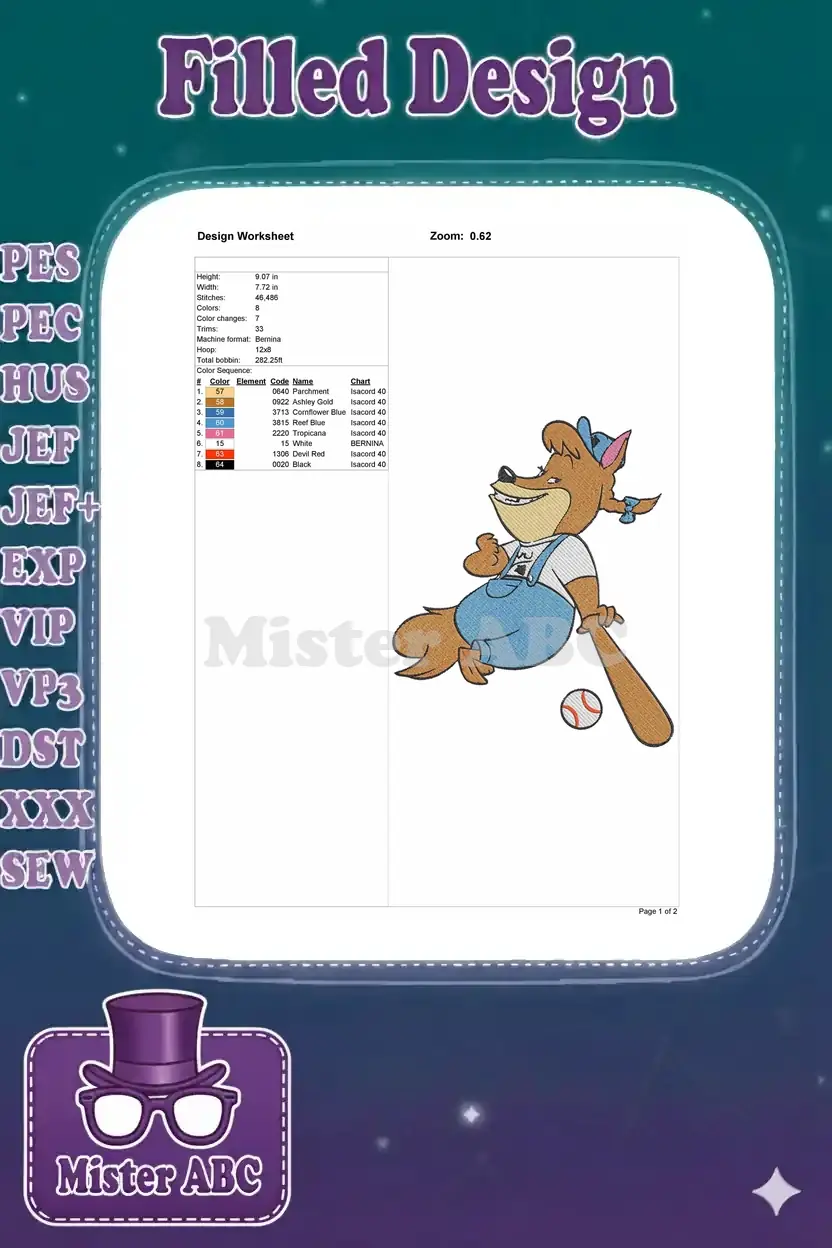 Embroidery design worksheet showing dimensions, stitch count, color chart, and a small design preview.