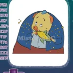 Smiling cartoon pig holding yellow fish and confetti embroidery designs - Instant Download