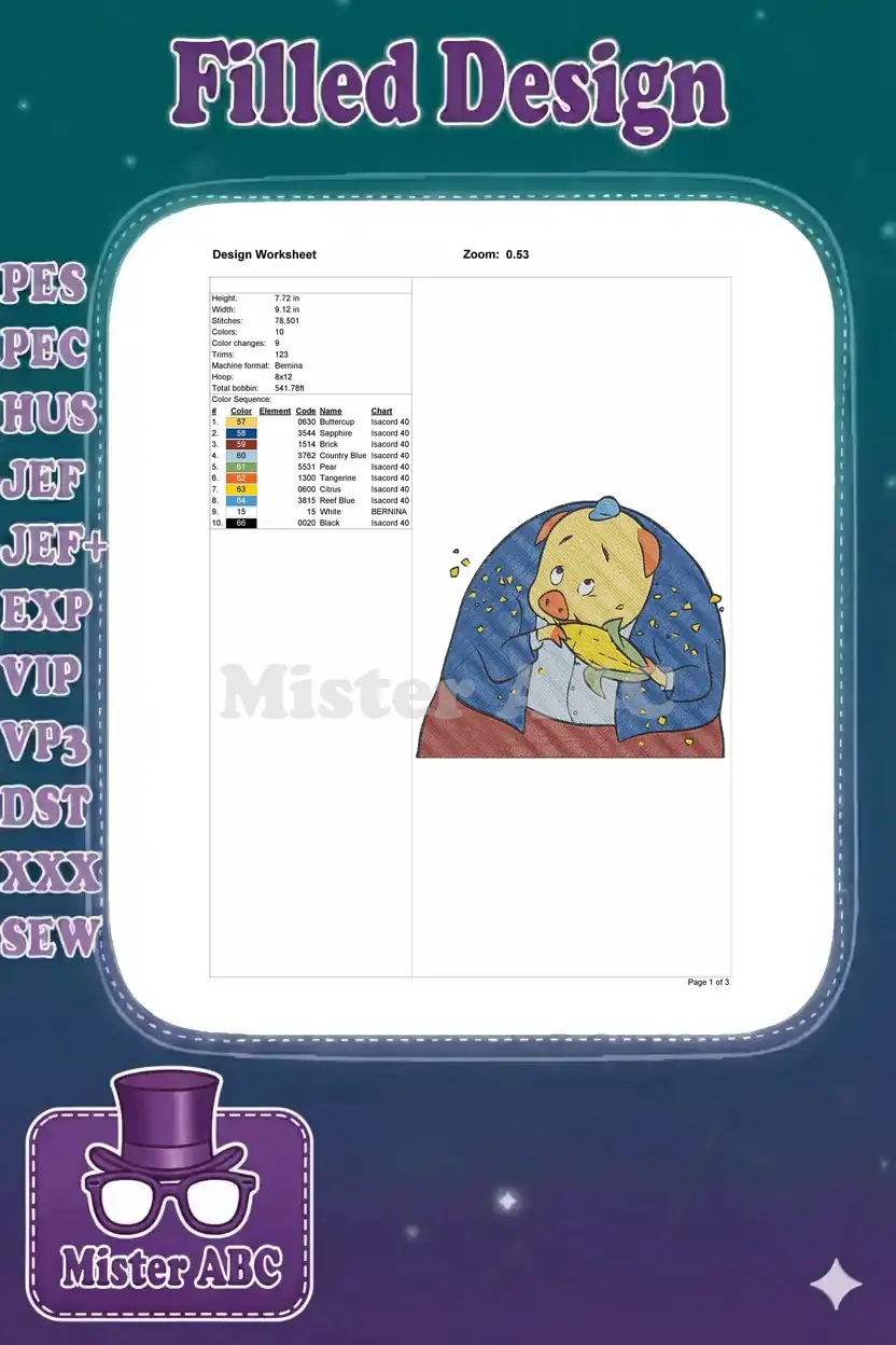 Embroidery design worksheet detailing dimensions, stitch count, color sequence, and machine compatibility.