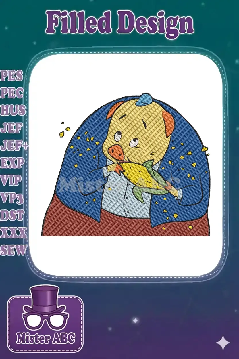 Porky Pig embroidery design showing the character gleefully eating a corn cob, with kernels flying around.