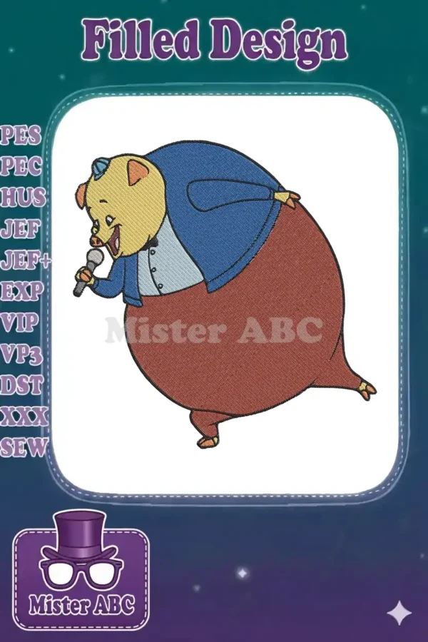 A vibrant embroidery design featuring a large, happy pig wearing a blue jacket and red pants, holding a microphone.