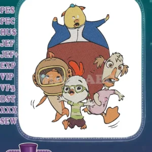 Embroidered design of Chicken Little, Abby, Runt, and Fish in a comical, panicked pose, rich with vibrant colors.