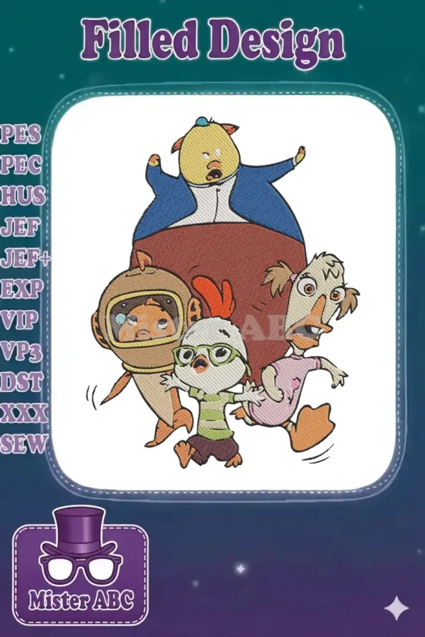 Embroidered design of Chicken Little, Abby, Runt, and Fish in a comical, panicked pose, rich with vibrant colors.