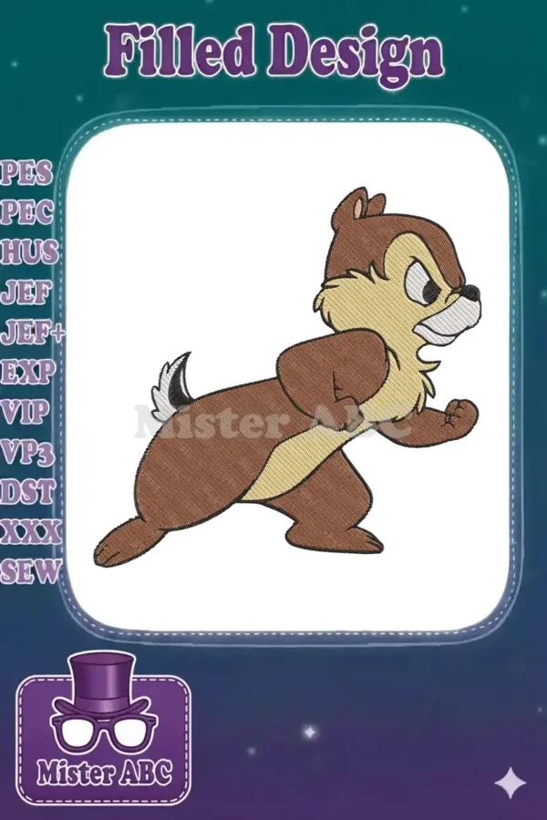 Close-up of an angry or determined Chip from Chip 'n Dale, running forward in a detailed embroidery design.