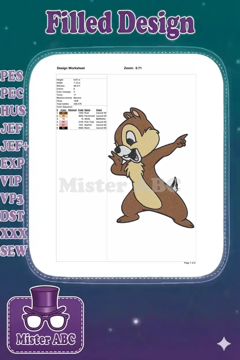 Embroidery design worksheet for Dale dabbing, detailing stitch count, color sequence, dimensions, and machine format.
