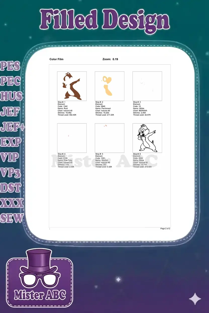Detailed color film breakdown for the Dale dabbing embroidery design, showing each color stop and stitch usage.