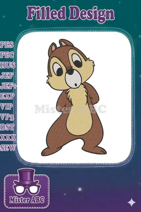 High-quality machine embroidery design featuring Dale from Disney's Chip 'n Dale, with detailed fur texture and expressive eyes.