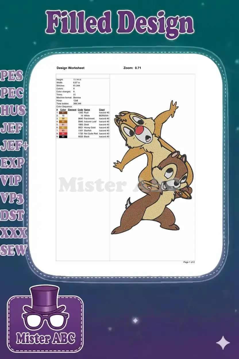 Embroidery design worksheet detailing dimensions, stitch count, color sequence, and recommended machine settings.