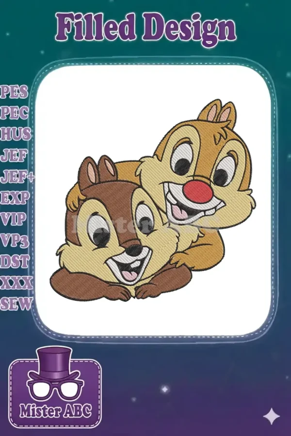 A cheerful embroidery of Chip 'n' Dale, with Dale hugging Chip from behind, both smiling brightly on a white background.