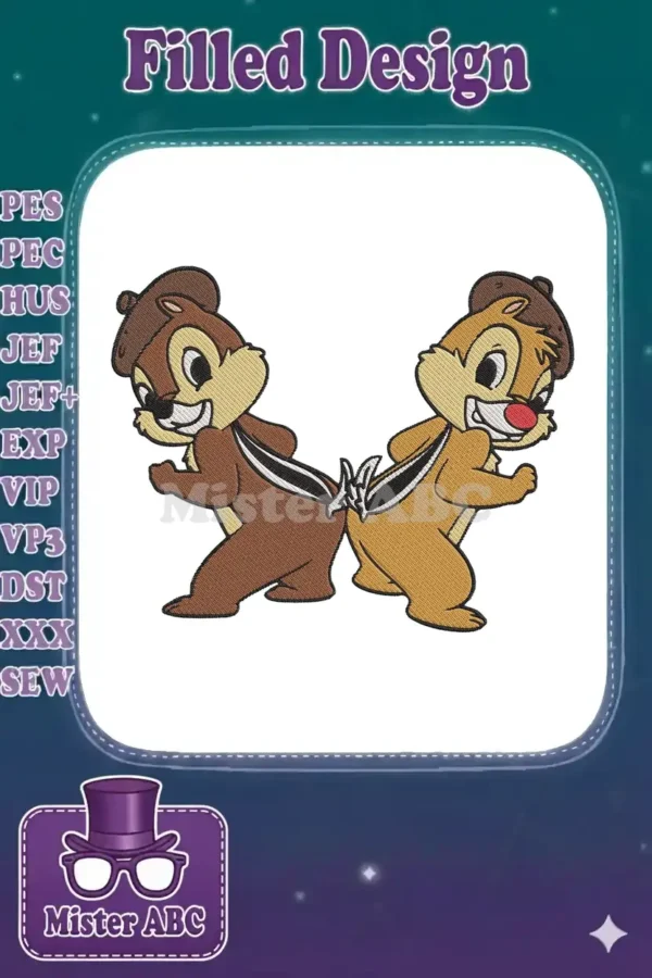 Vibrant embroidery of Disney's Chip and Dale, back-to-back with intertwined tails, showcasing detailed stitching.