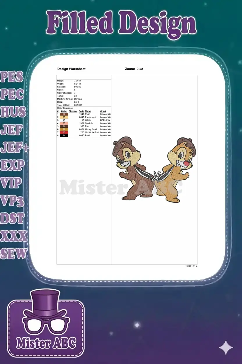 Detailed embroidery design worksheet for Chip and Dale, showing dimensions, stitch count, and color sequence.