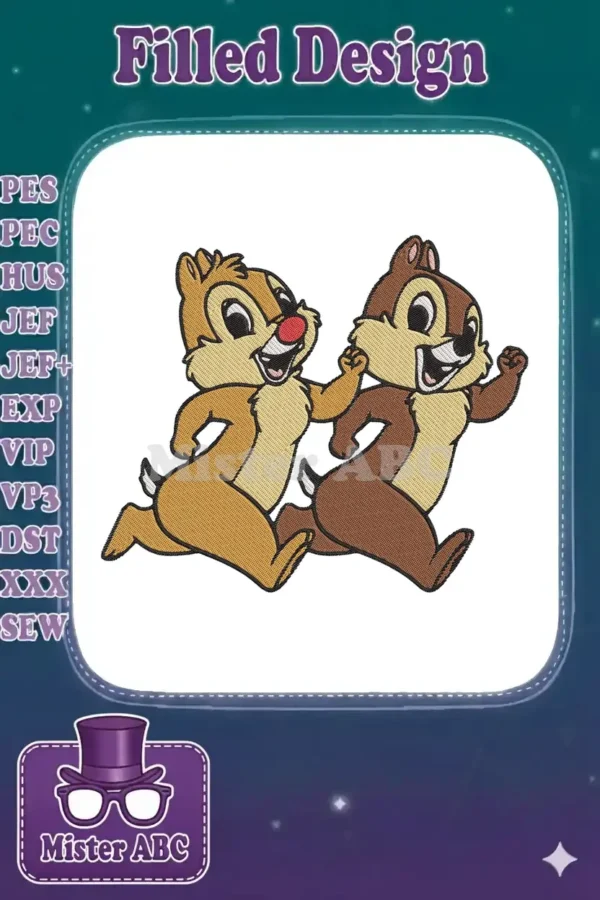 Dynamic embroidery design of Chip 'n' Dale running together, full of energy and detailed stitching.