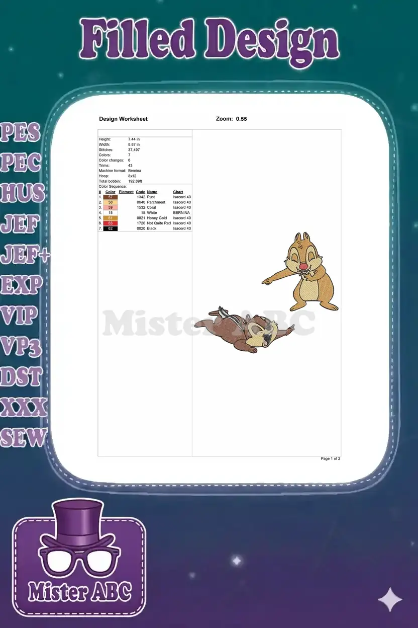 Embroidery design worksheet for Chip and Dale, showing dimensions, stitch count, color sequence, and thread details.