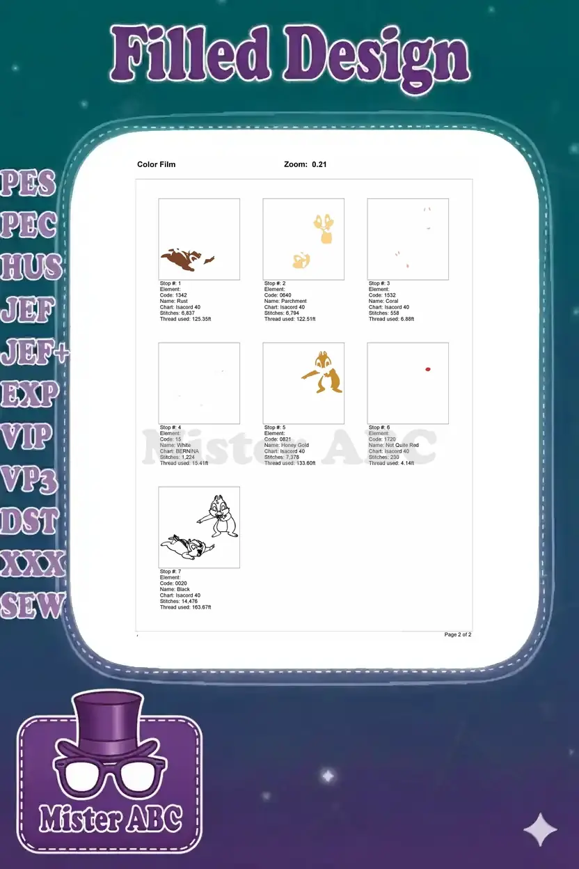 Color film breakdown for Chip and Dale embroidery, illustrating each stitch stop and thread usage step by step.
