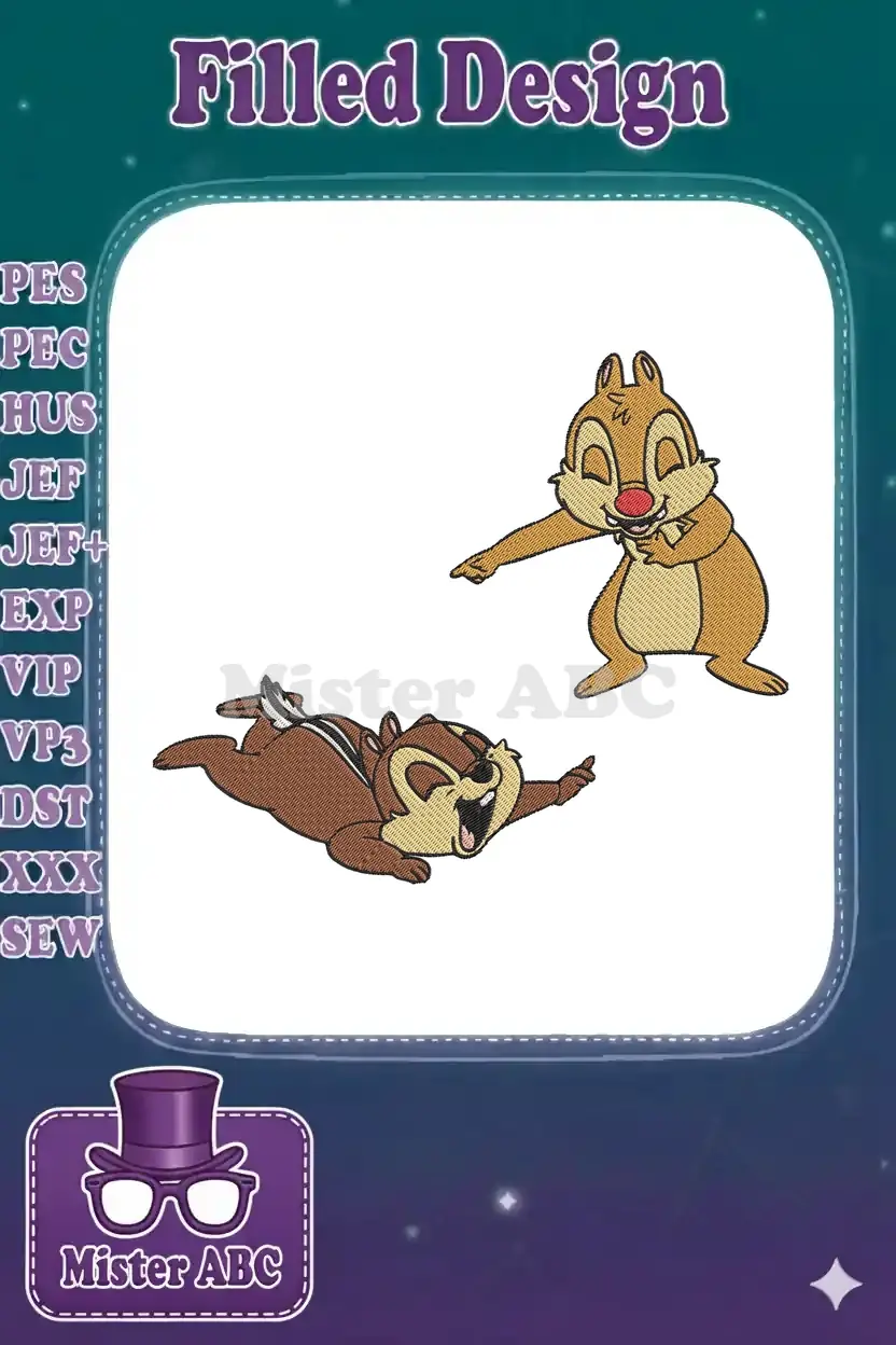 Embroidered Chip and Dale design, featuring the beloved chipmunks in playful, laughing poses against a white background.