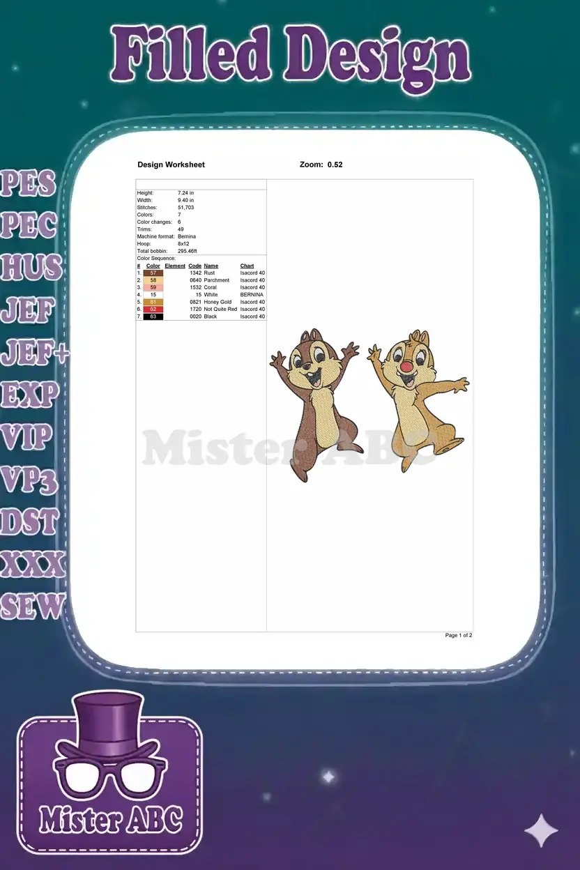Embroidery design worksheet for Chip 'n' Dale, detailing dimensions, stitch count, color sequence, and thread codes.
