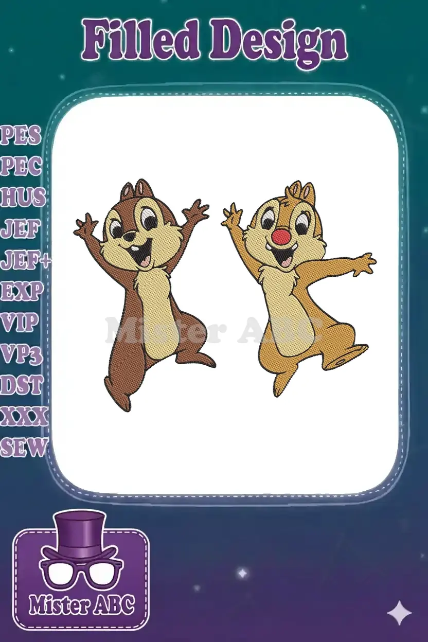 Two happy chipmunks, Chip and Dale, in an embroidery design, hands raised, smiling, ready for fun on any project.