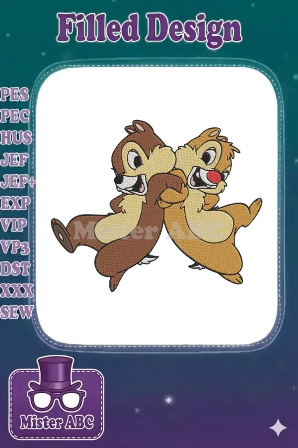 Playful Chip 'n' Dale embroidery design, showcasing the mischievous chipmunks in a fun, dynamic pose, ready for any project.