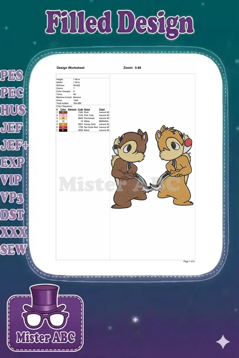 Detailed embroidery design worksheet for Chip 'n' Dale, showing dimensions, stitch count, and color chart.
