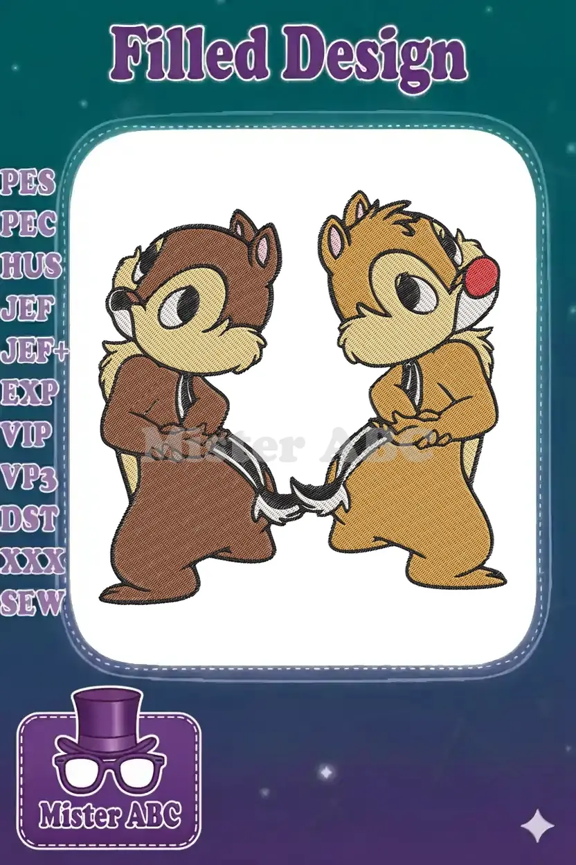 Two embroidered chipmunks, Chip and Dale, standing facing each other, looking mischievous with their arms crossed.