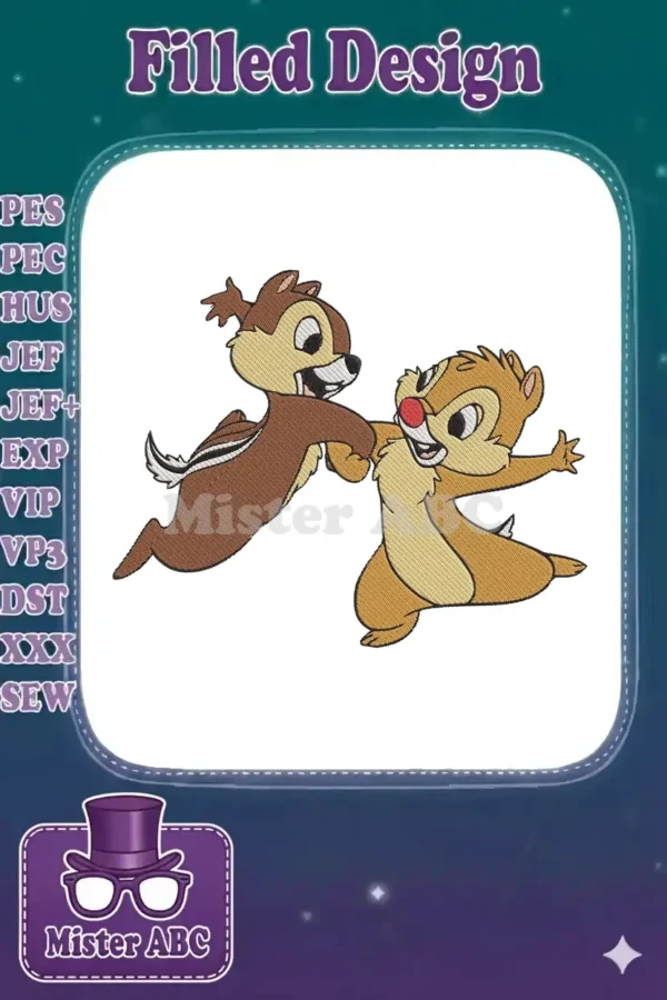 Vibrant machine embroidery of Chip 'n' Dale mid-action, showcasing their iconic playful interaction and detailed stitching.