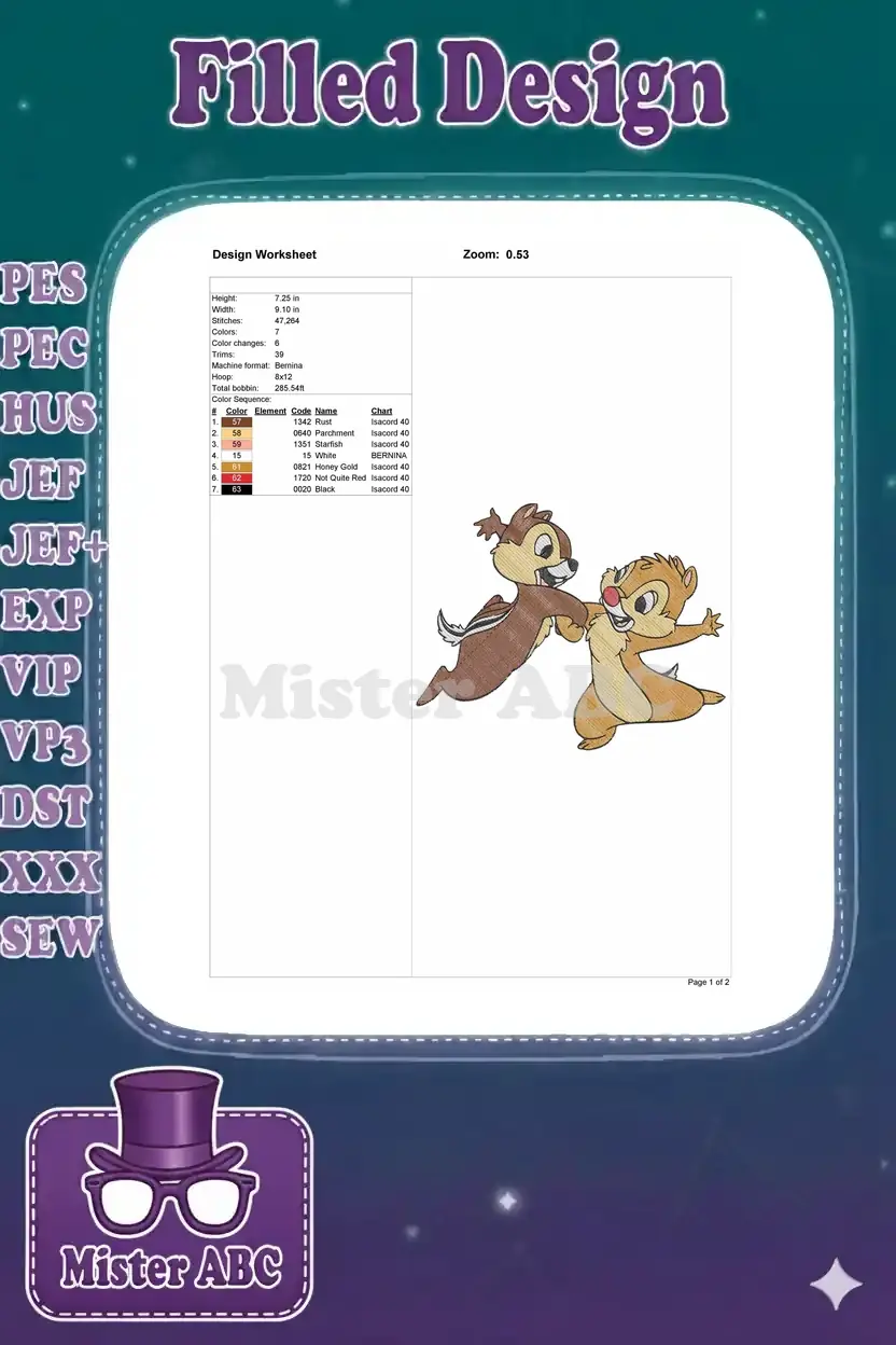 Embroidery design worksheet detailing Chip 'n' Dale's dimensions, stitch count, color chart, and machine specifications.