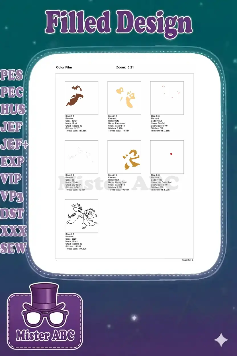Color film breakdown illustrating the step-by-step embroidery process for the Chip 'n' Dale design, layer by layer.