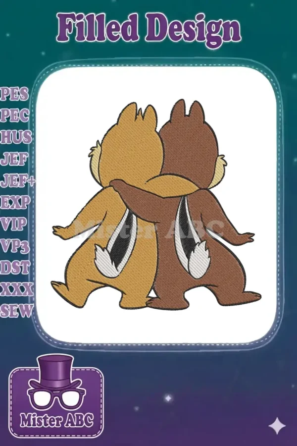 A charming embroidery design featuring Chip and Dale hugging from behind, showcasing their iconic colors and stripes.