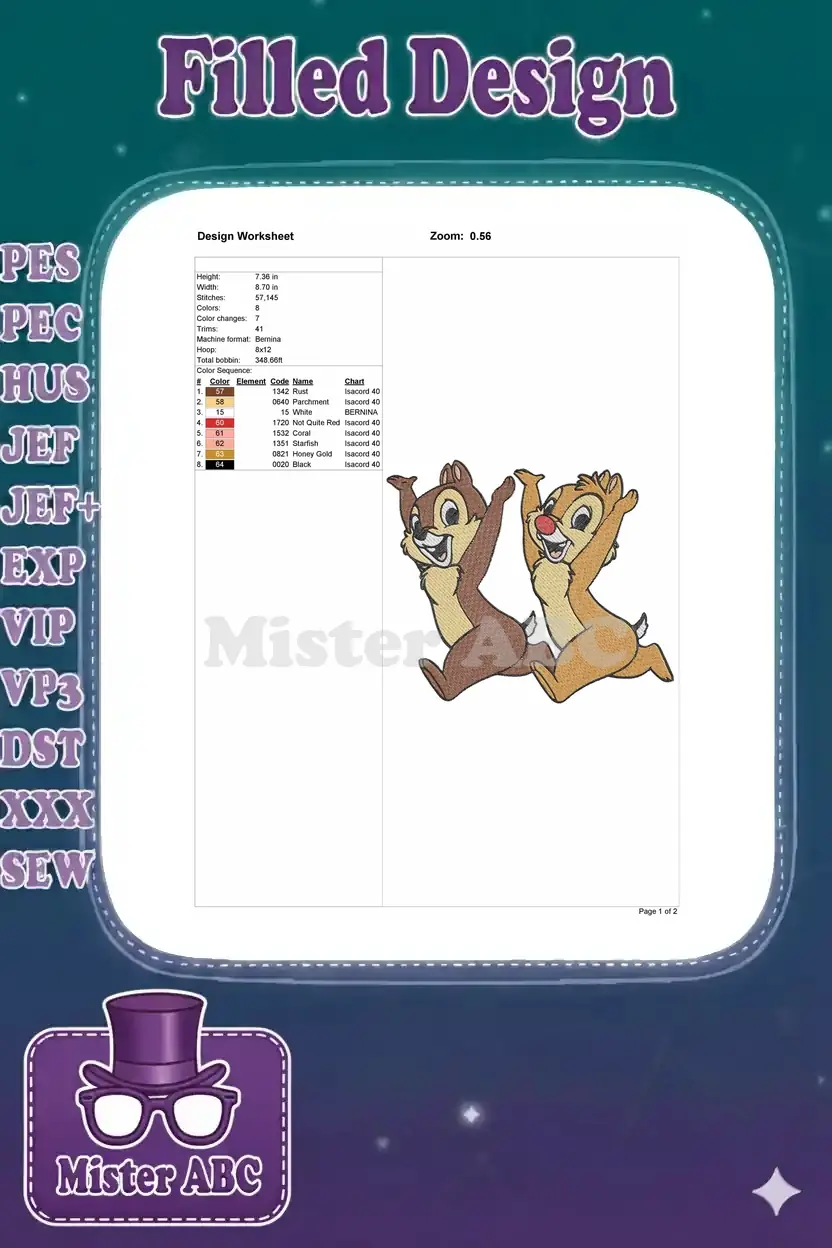 A detailed design worksheet for the Chip 'n Dale embroidery pattern, showing technical specifications and thread chart.