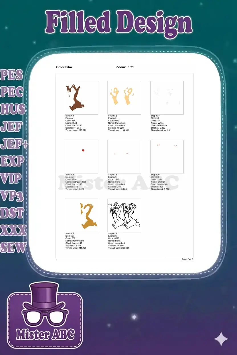 A color film breakdown of the Chip 'n Dale embroidery design, illustrating each thread color's application sequence.