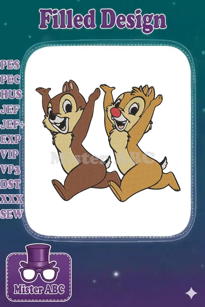 A high-quality machine embroidery design featuring Chip and Dale, the mischievous chipmunks, running playfully.