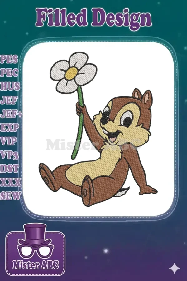 A cheerful Dale, the chipmunk, sitting and happily holding a white and yellow daisy flower. A vibrant embroidery design.
