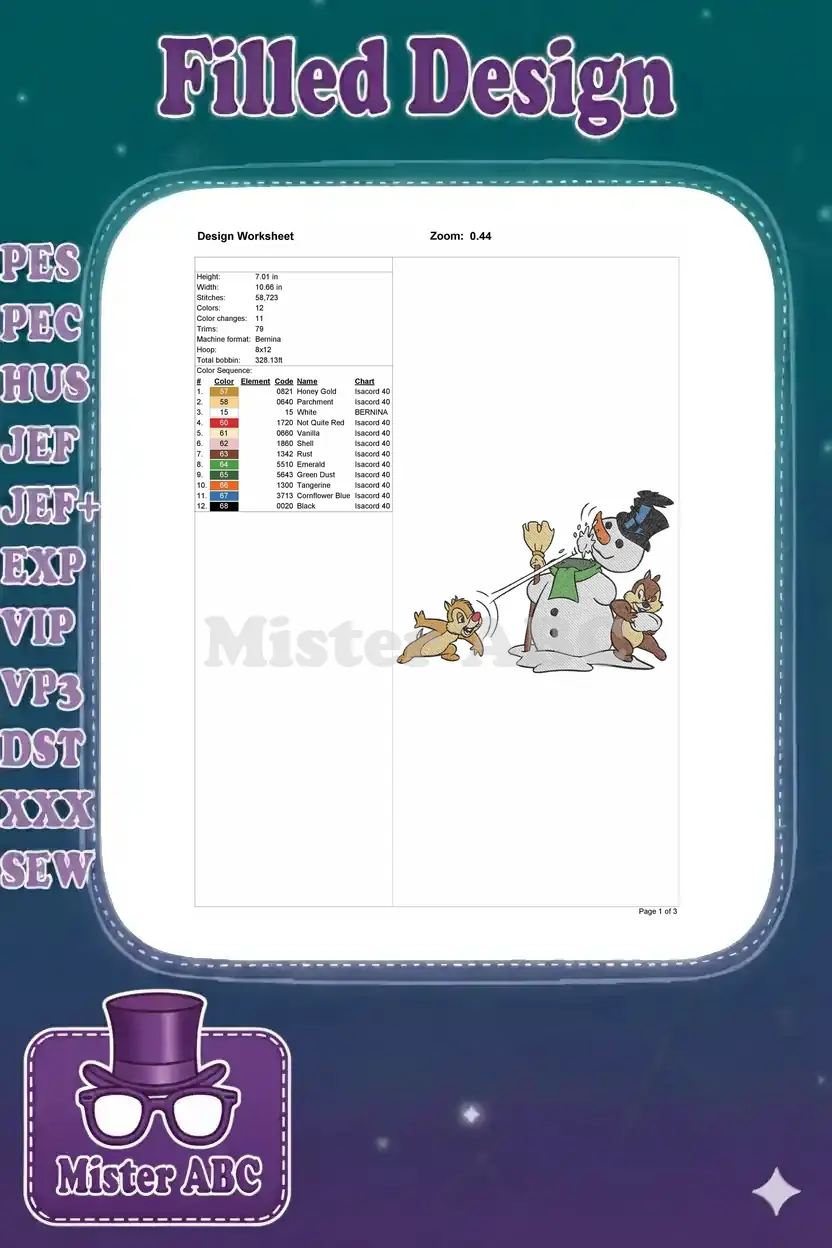 Detailed embroidery design worksheet showing dimensions, stitch count, color chart, and machine specifications.