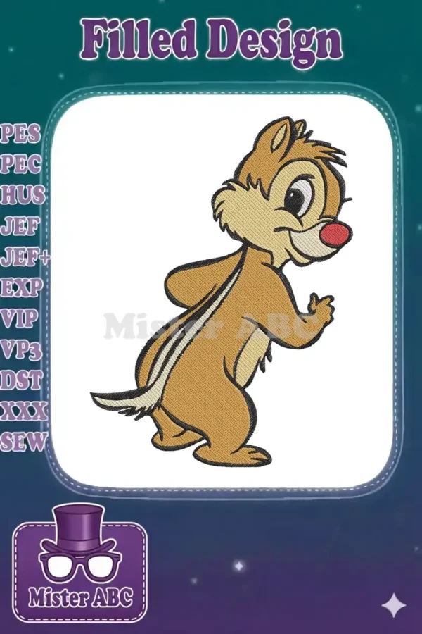 Charming embroidery design featuring Dale the chipmunk, animated and ready for your next creative project.