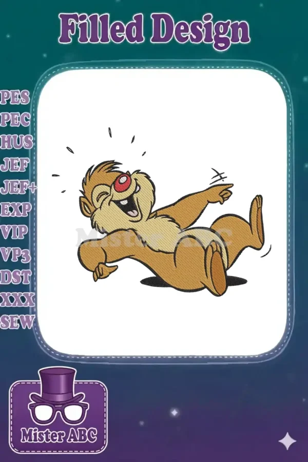 Dale, the Disney chipmunk, laughing heartily with a wide-open mouth and flailing limbs, rendered in vibrant embroidery stitches.