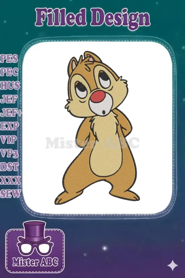 High-quality embroidery design featuring Dale from Chip 'n Dale, standing with hands behind his back, looking up.