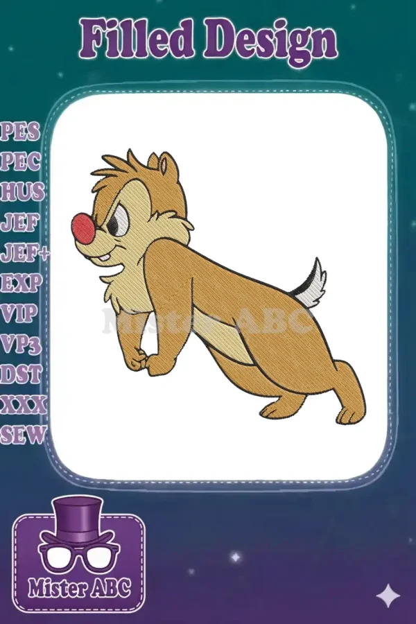 A detailed machine embroidery design featuring Dale from Chip 'n Dale in an energetic, running pose, full of character.