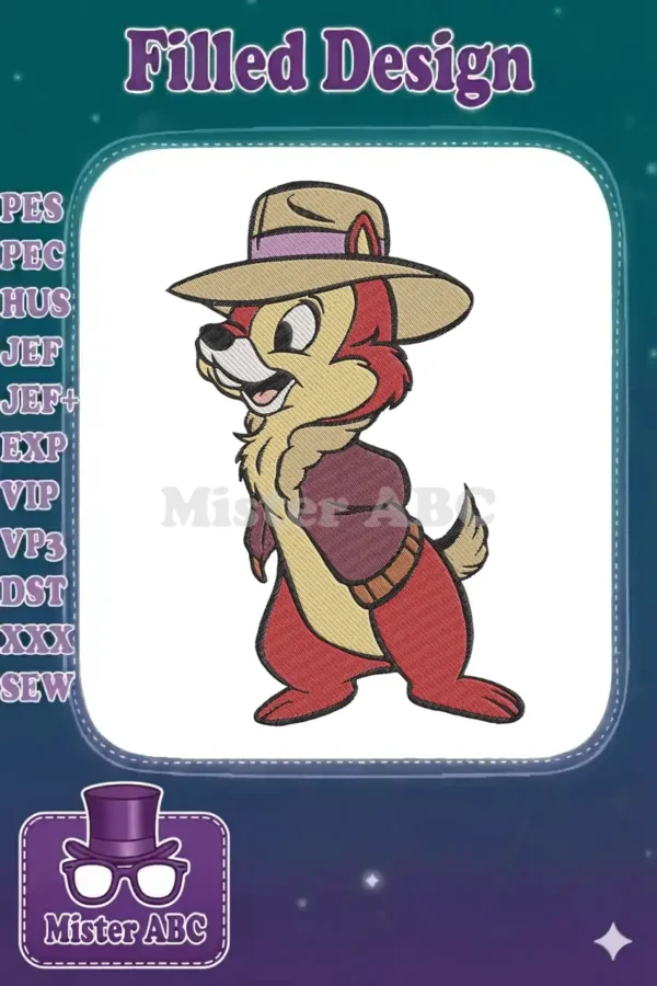 Dale from Chip 'n Dale embroidery design, wearing a safari hat and jacket, ready for adventure.